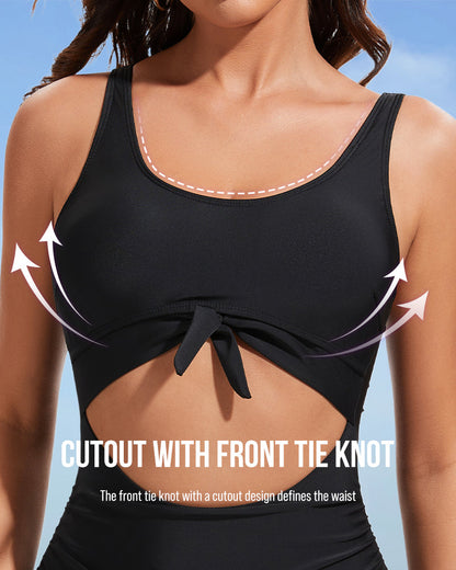 Ruched Tie-Knot Tummy Control One-Piece Swimsuit - Black