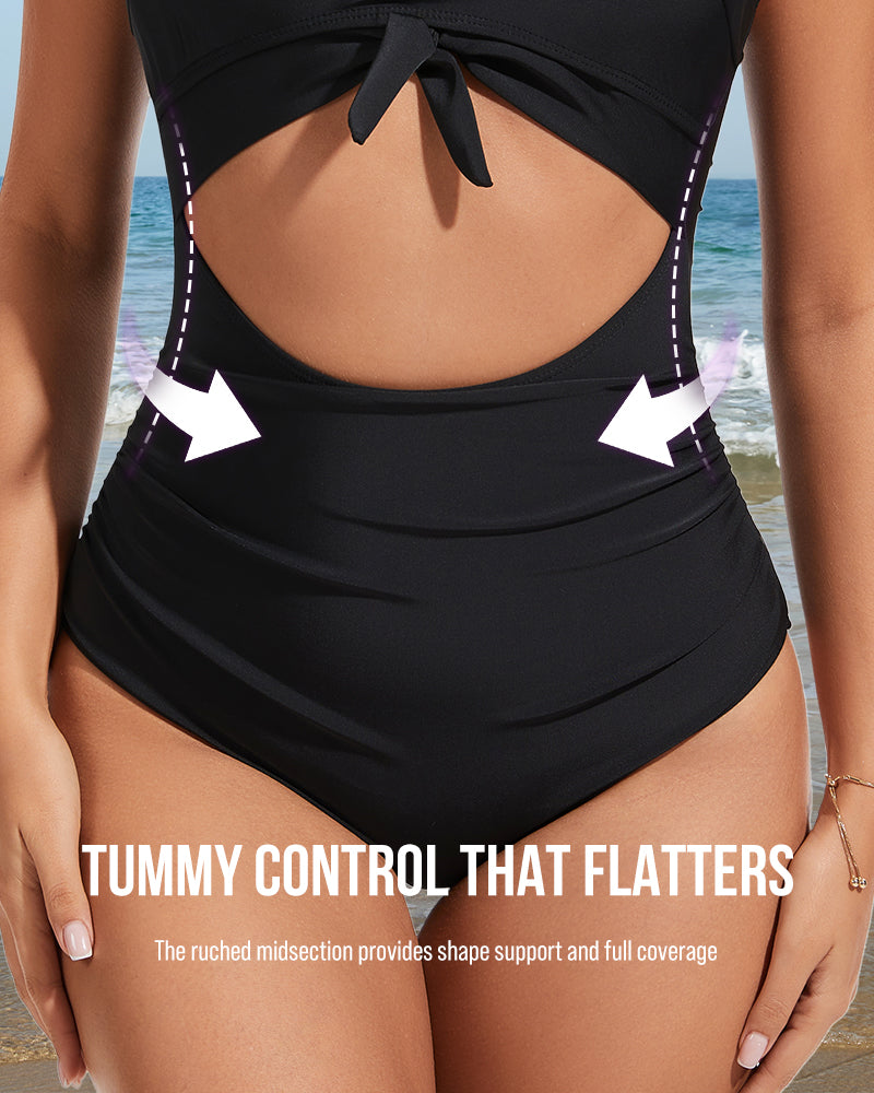 Ruched Tie-Knot Tummy Control One-Piece Swimsuit - Black
