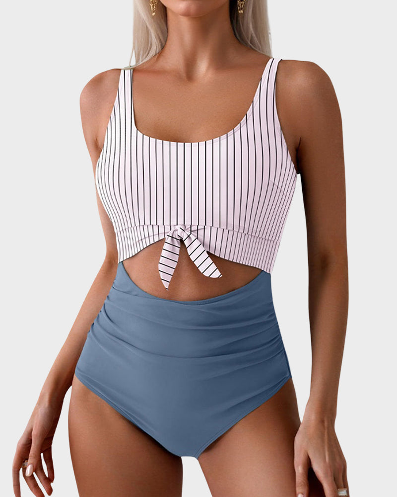 Ruched Tie-Knot Tummy Control One-Piece Swimsuit - Striped grey blue