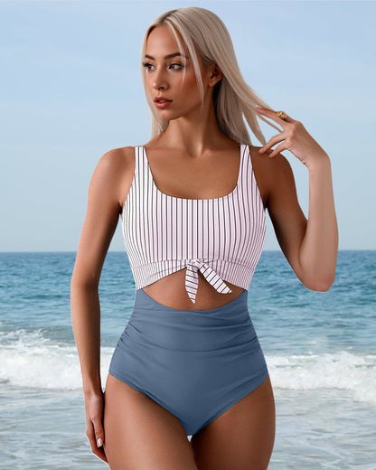 Ruched Tie-Knot Tummy Control One-Piece Swimsuit - Striped grey blue