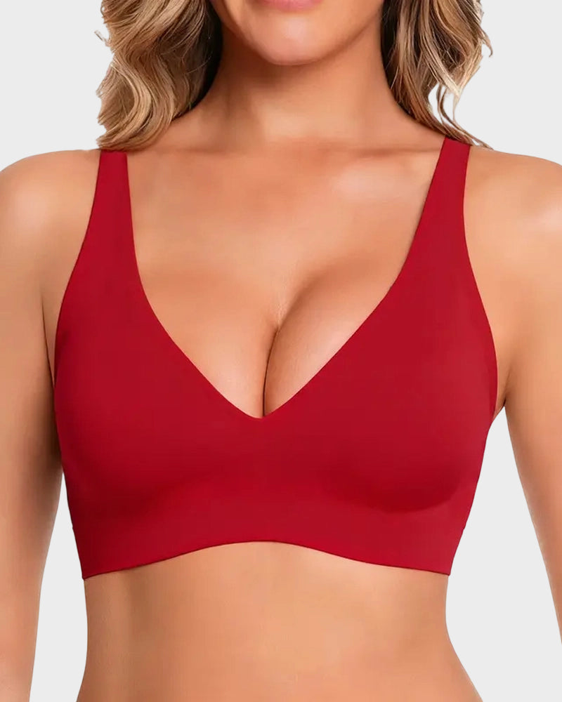 Seamless Deep V Push-Up Wireless Bra - Red