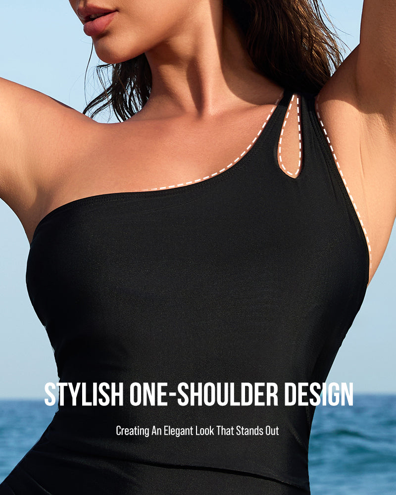 One Shoulder One Piece Swimsuit - Black