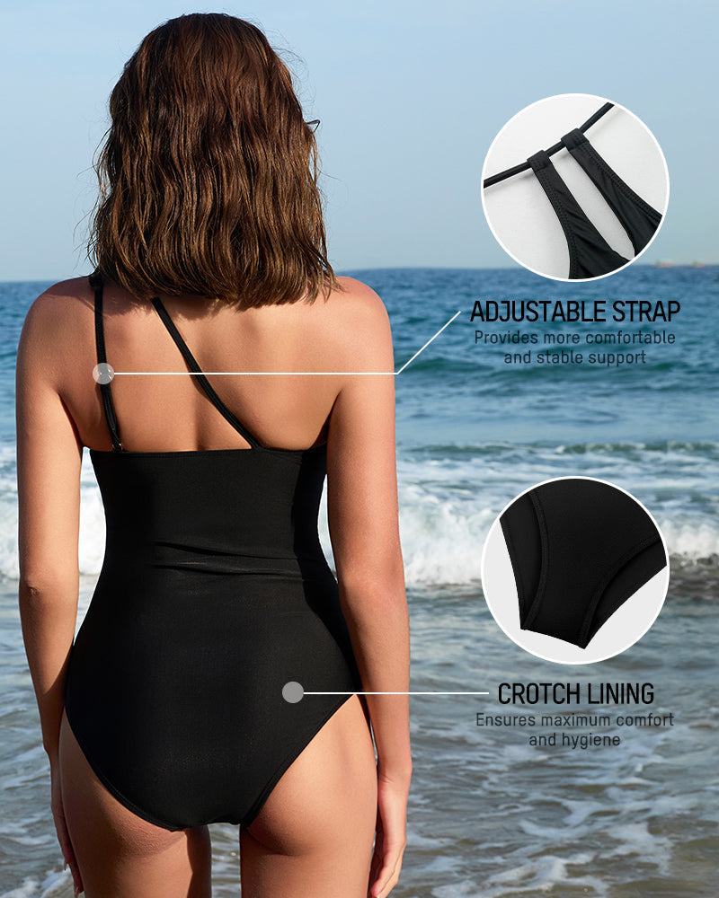 One Shoulder One Piece Swimsuit - Black