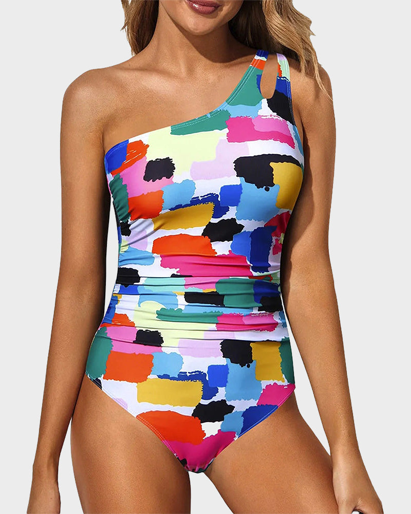 One Shoulder One Piece Swimsuit - Color Block