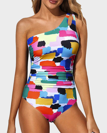 One Shoulder One Piece Swimsuit - Color Block