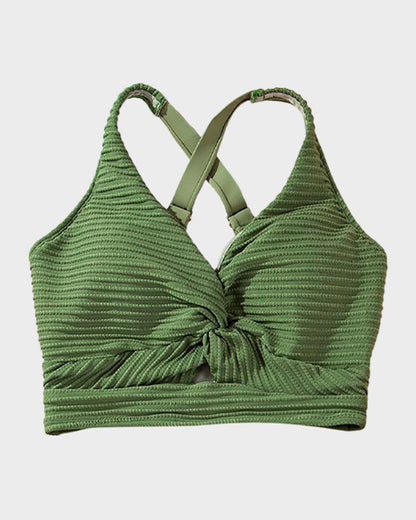 Textured Knot-Front High-Waisted Bikini Set - Army Green
