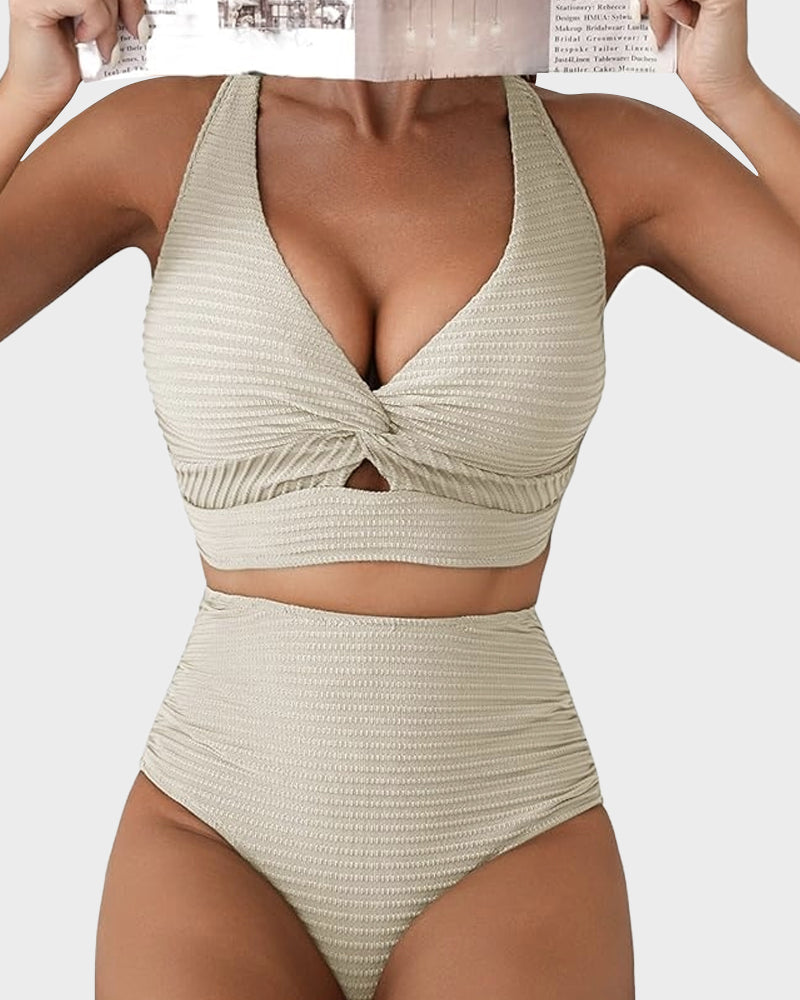 Textured Knot-Front High-Waisted Bikini Set - Beige