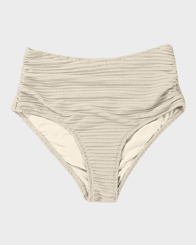 Textured Knot-Front High-Waisted Bikini Set - Beige