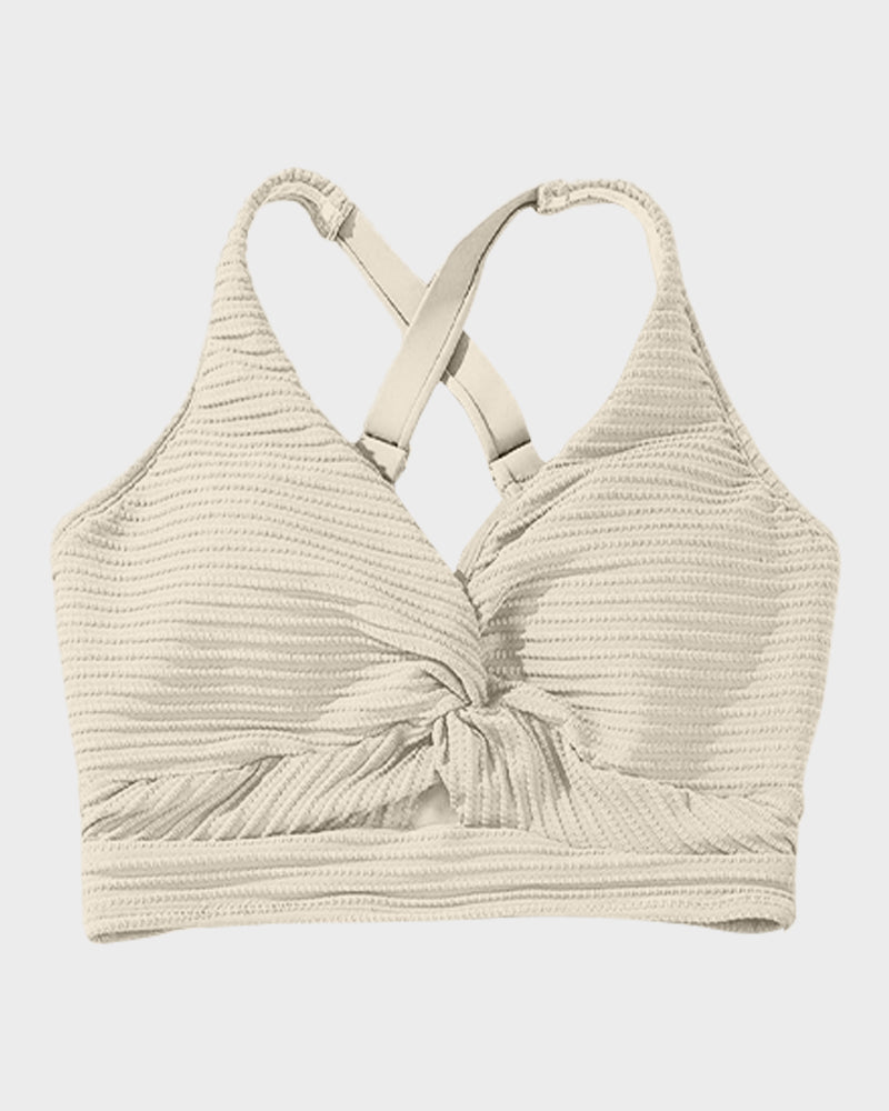 Textured Knot-Front High-Waisted Bikini Set - Beige