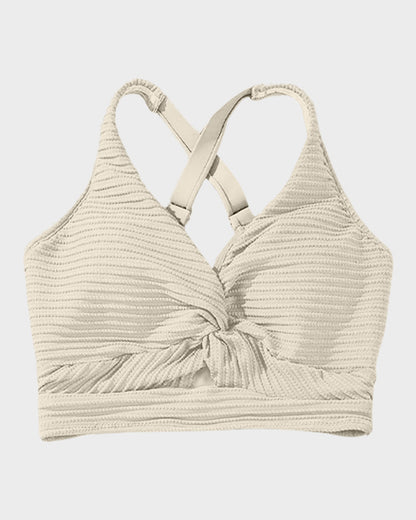 Textured Knot-Front High-Waisted Bikini Set - Beige