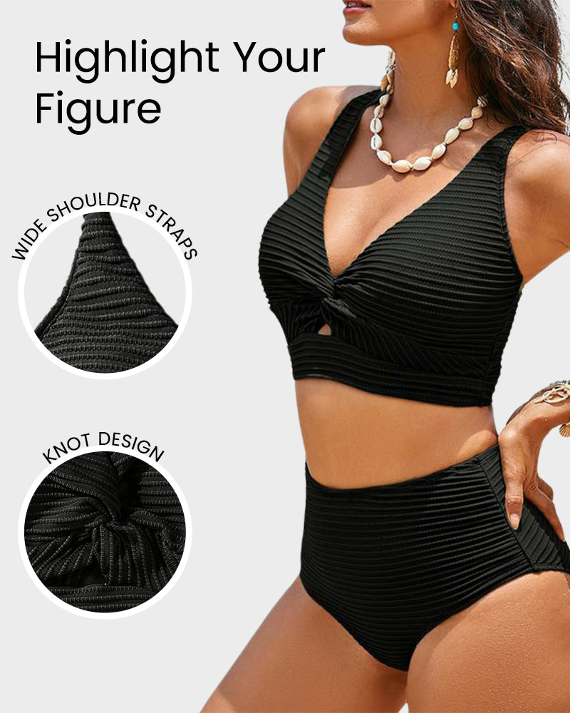 Textured Knot-Front High-Waisted Bikini Set - Black