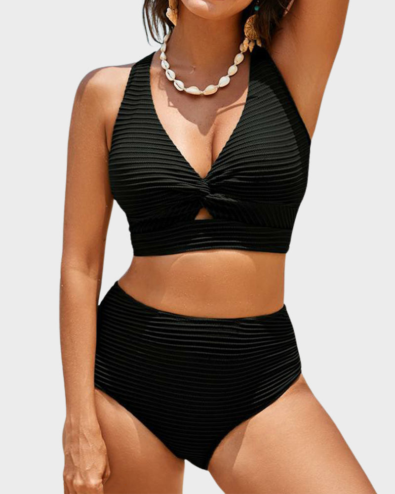 Textured Knot-Front High-Waisted Bikini Set - Black