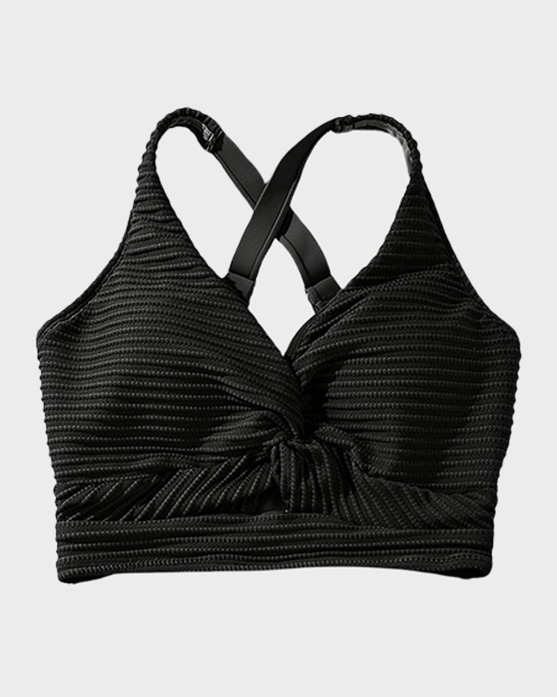Textured Knot-Front High-Waisted Bikini Set - Black