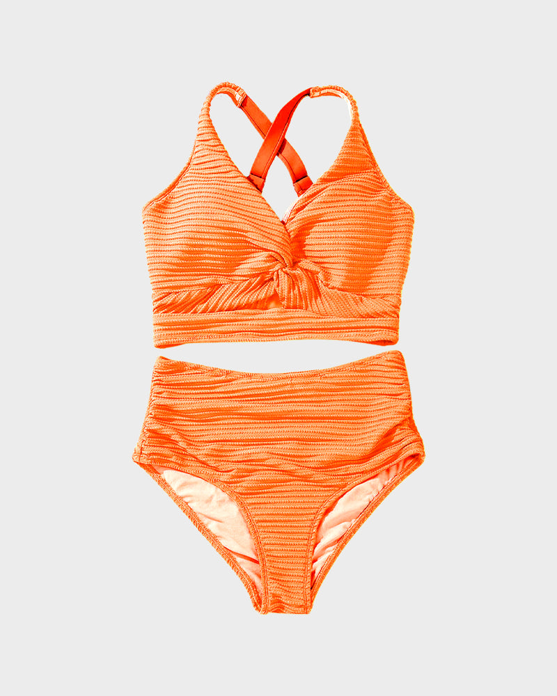 Textured Knot-Front High-Waisted Bikini Set - Orange