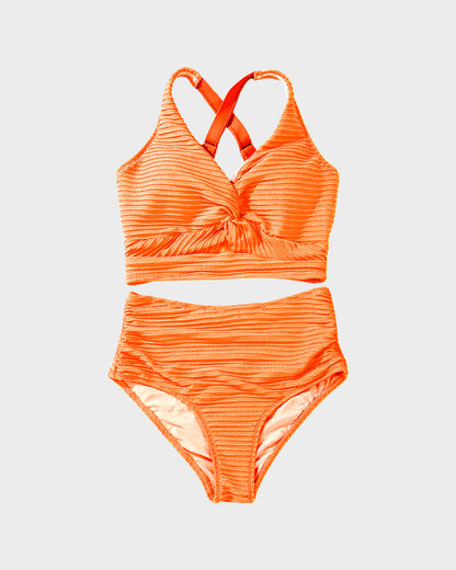 Textured Knot-Front High-Waisted Bikini Set - Orange