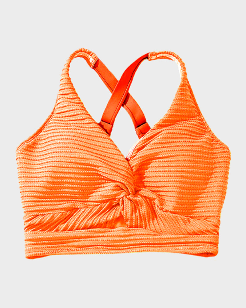 Textured Knot-Front High-Waisted Bikini Set - Orange
