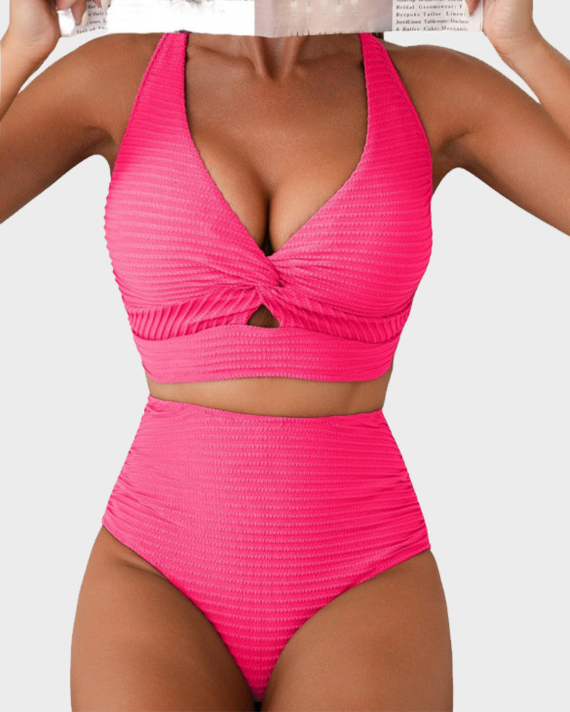 Textured Knot-Front High-Waisted Bikini Set - Pink