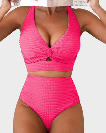 Textured Knot-Front High-Waisted Bikini Set - Pink