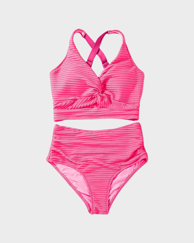 Textured Knot-Front High-Waisted Bikini Set - Pink