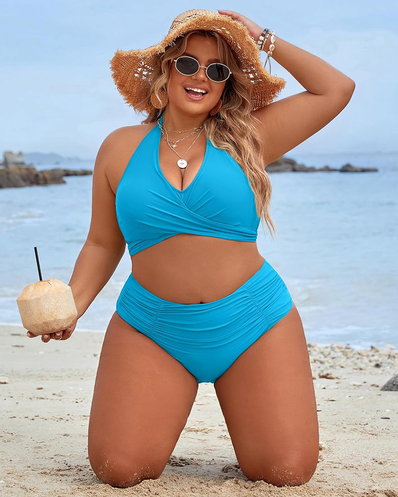 Tummy Control Bathing Suits Modest High Waisted Bikini Sets - Blue