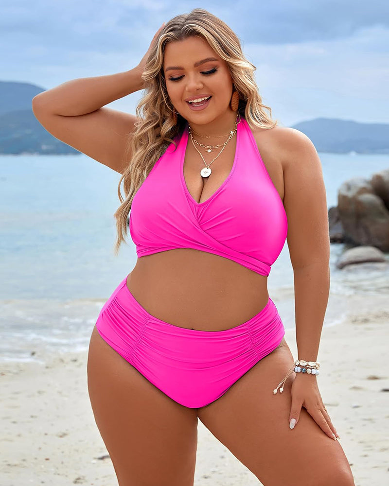 Tummy Control Bathing Suits Modest High Waisted Bikini Sets - Pink