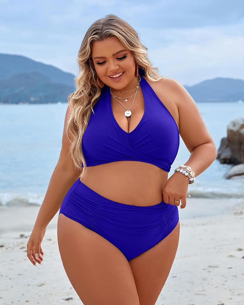 Tummy Control Bathing Suits Modest High Waisted Bikini Sets - Royalblue