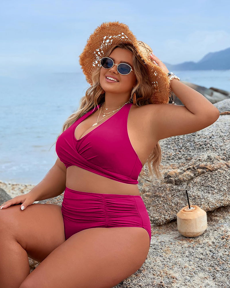Tummy Control Bathing Suits Modest High Waisted Bikini Sets - Wine Red