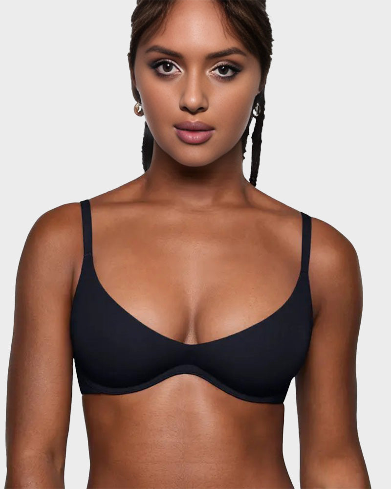 Unlined Plunge Balconette Bra with Underwire - Black