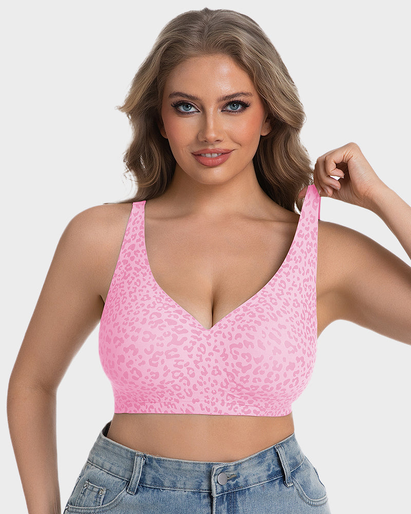 Wireless Leopard V-Neck Contour Bra - Pink Leopard