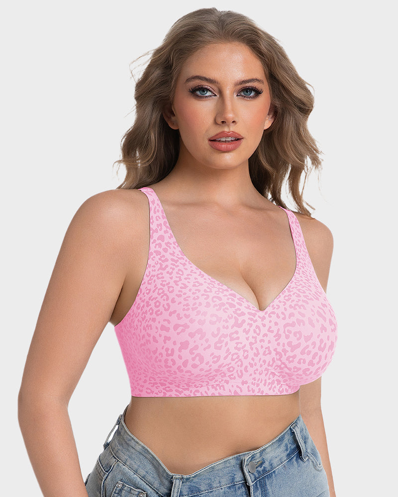 Wireless Leopard V-Neck Contour Bra - Pink Leopard