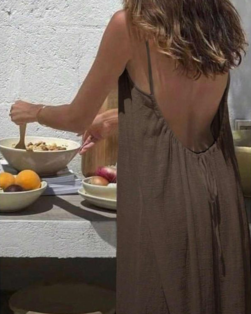 Women's Solid Color Backless Cami Dress - Coffee