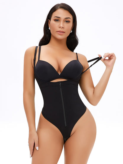 Zipper Thong Bodysuit in black